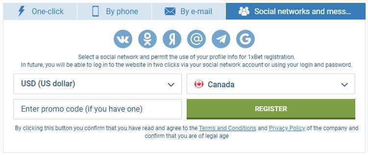 1xbet registration by social media account